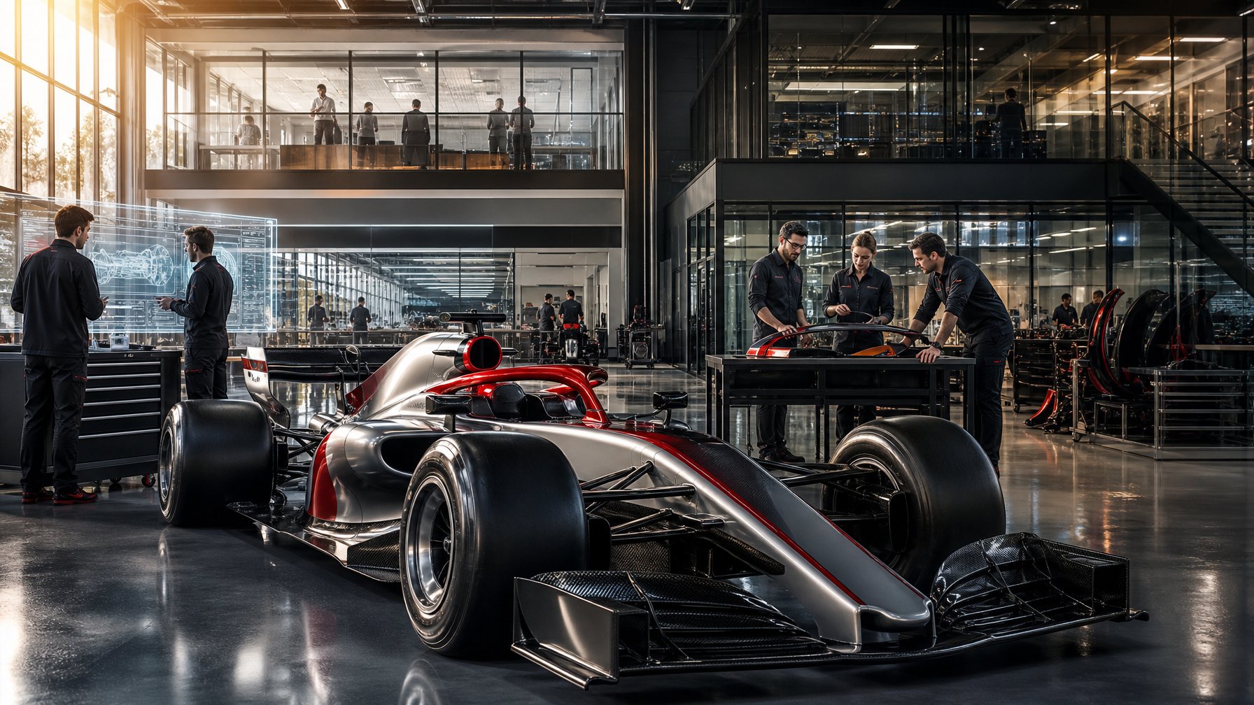 Tim teknik bekerja di fasilitas balap modern di sekitar mobil Formula 1 yang sedang dipersiapkan untuk musim baru.