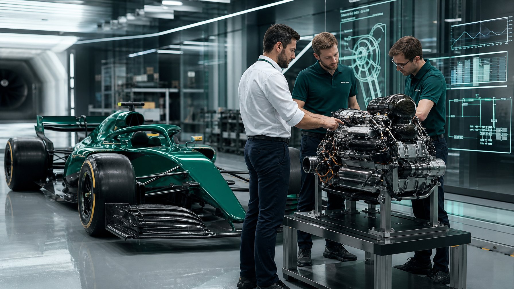 Insinyur memeriksa unit tenaga hibrida di samping mobil balap Formula 1 hijau dalam fasilitas teknologi modern.