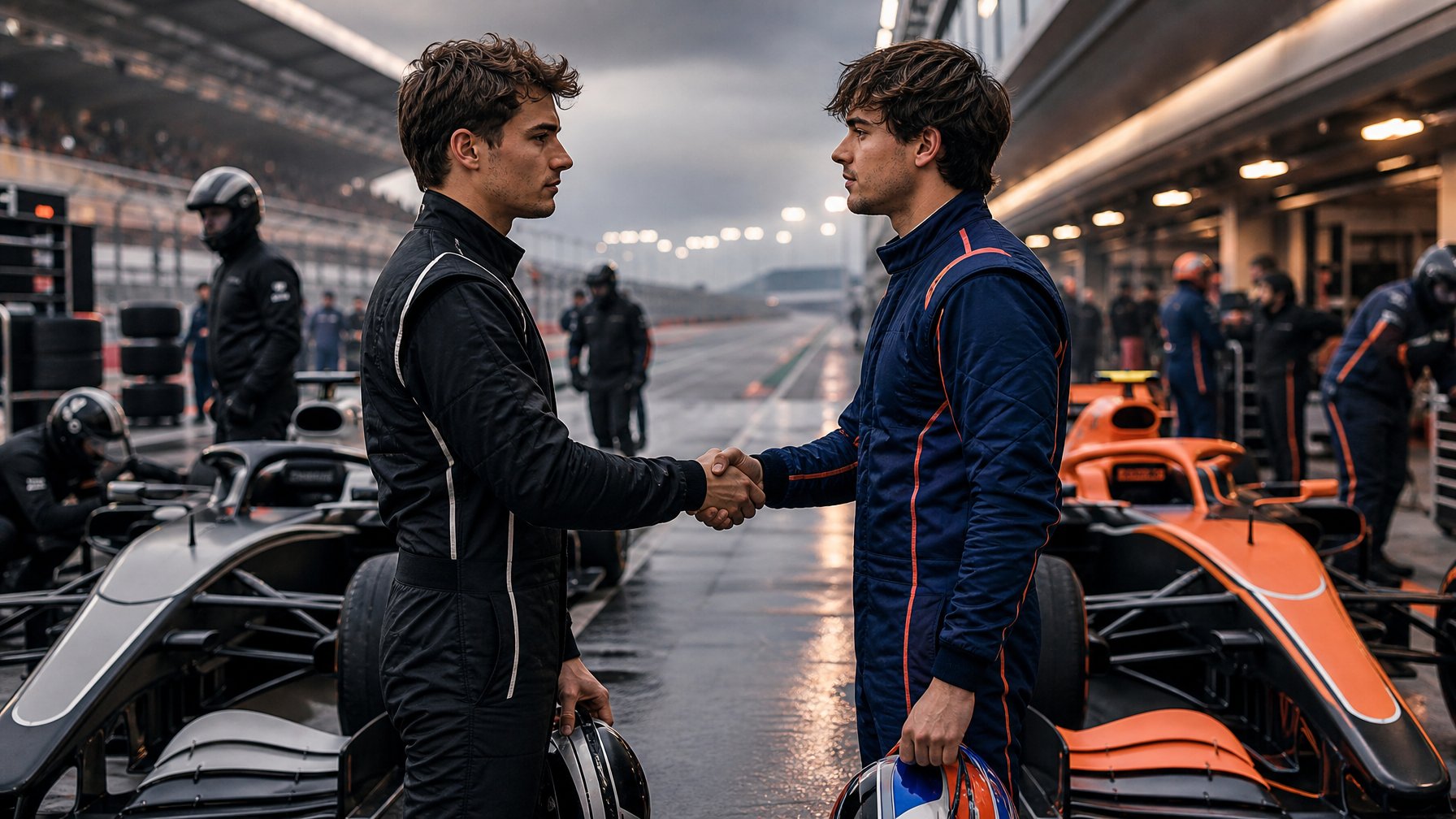 Dua pembalap Formula 1 berjabat tangan di area pit lane dengan dua mobil balap dari tim berbeda di belakangnya.