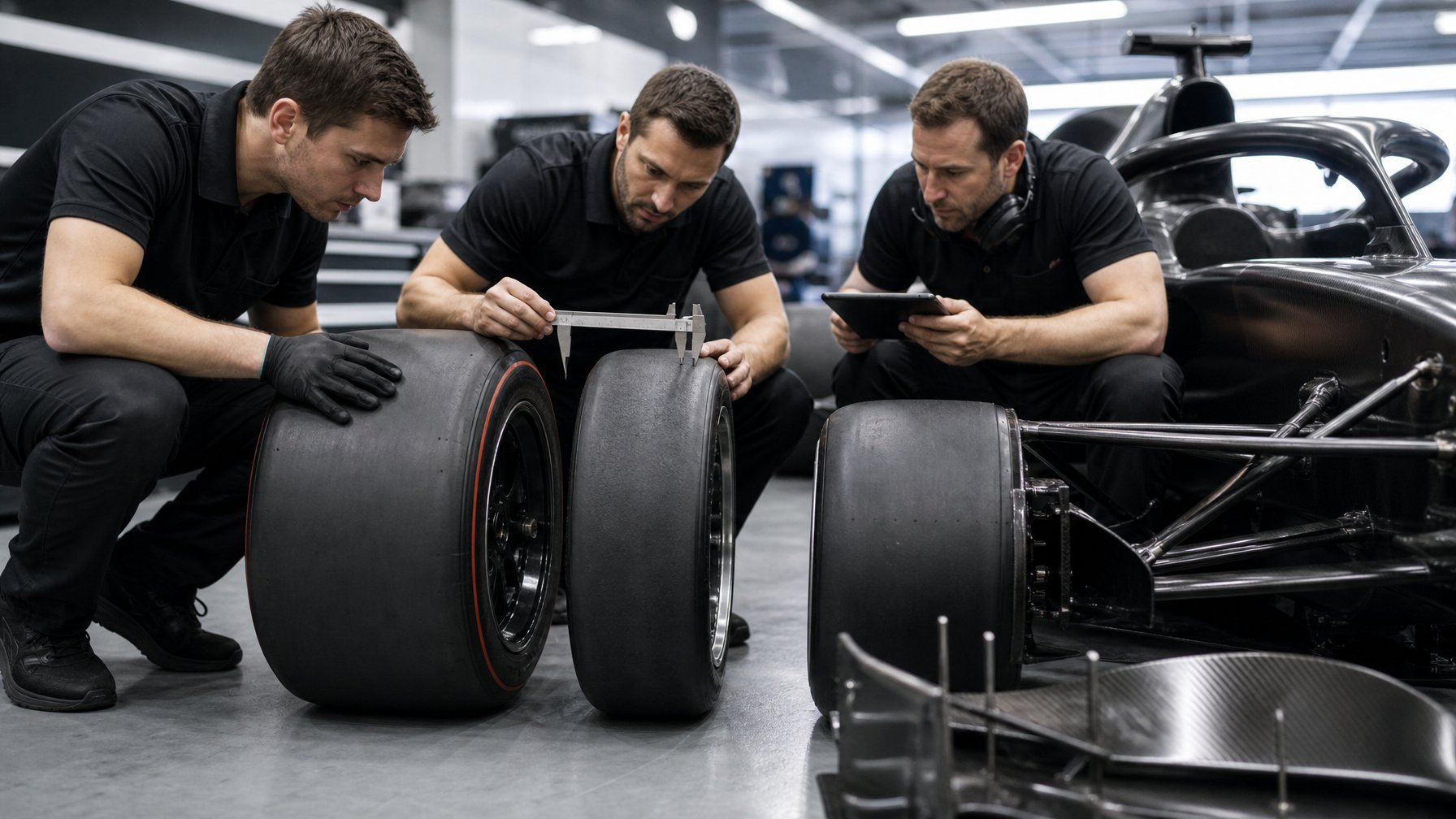 Mobil Formula 1 dengan ban slick yang lebih kecil dan ramping diperiksa oleh para teknisi di garasi balap.