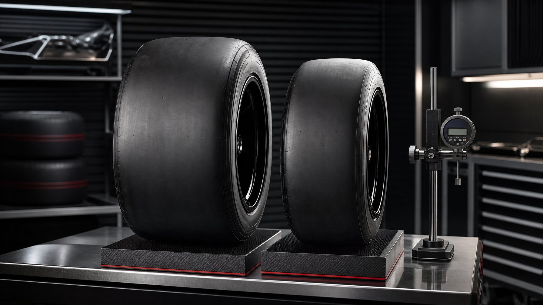 Dua ban slick Formula 1 dipajang berdampingan untuk membandingkan ukuran ban baru yang lebih kecil dan ramping.