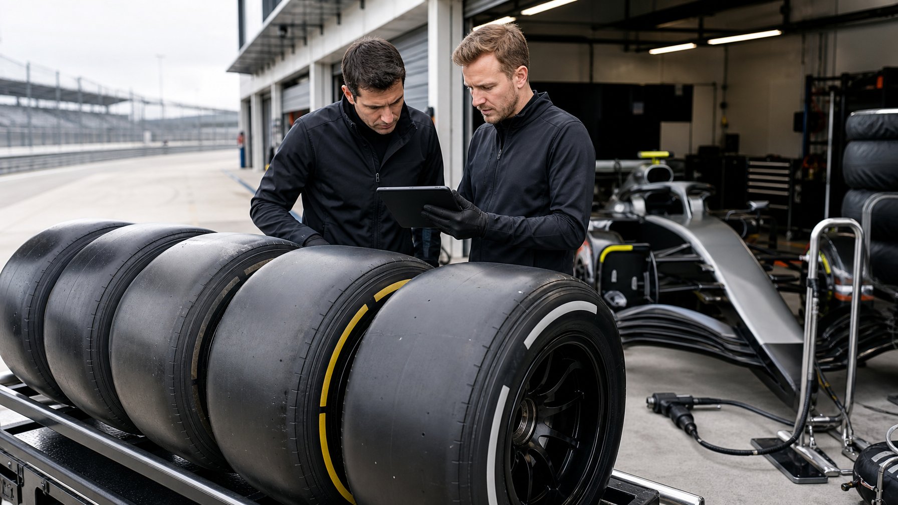 Insinyur dan teknisi memeriksa beberapa ban slick Formula 1 di area pit.