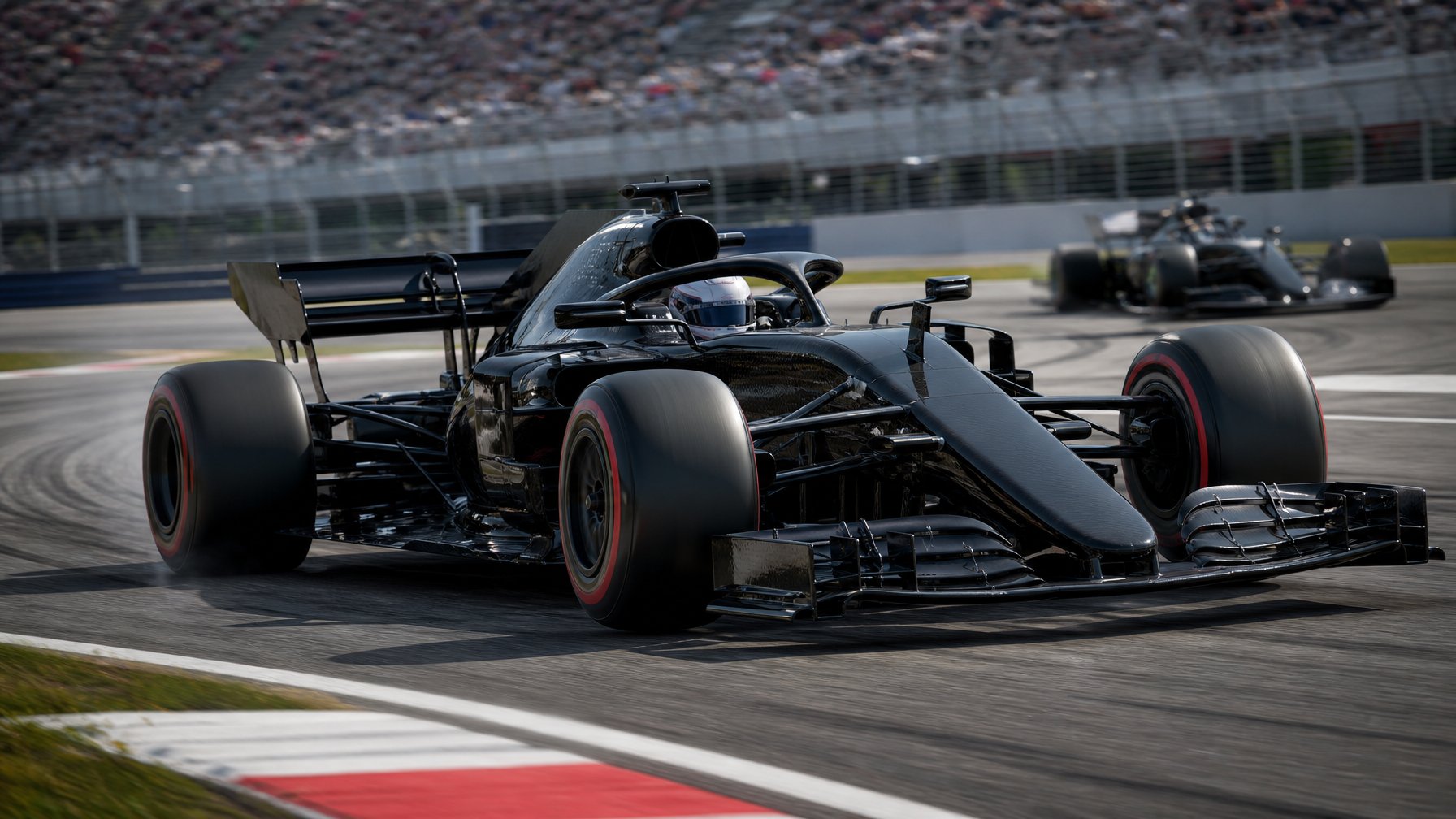 Mobil balap Formula 1 melaju di tikungan sirkuit dengan ban slick dan perangkat aerodinamika aktif.