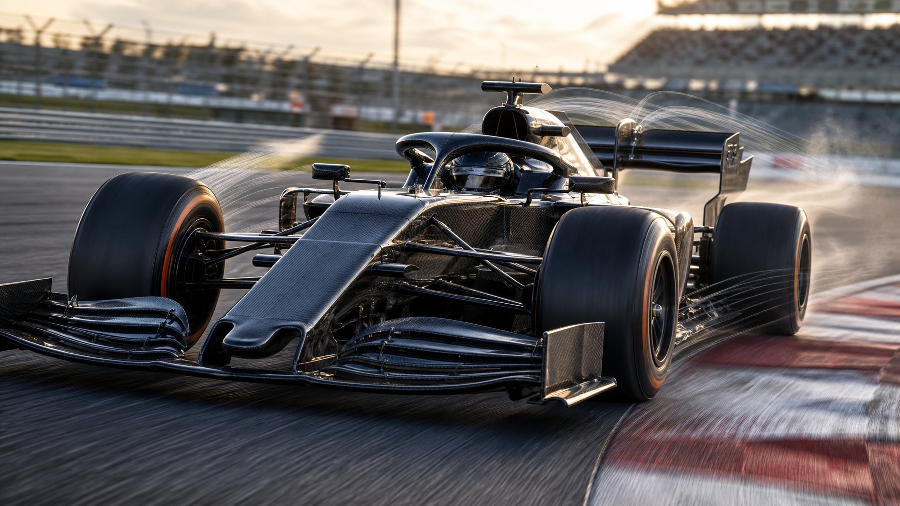 Mobil balap Formula 1 modern menikung di sirkuit dengan sayap aerodinamika aktif dan ban slick yang mengalami beban tinggi.