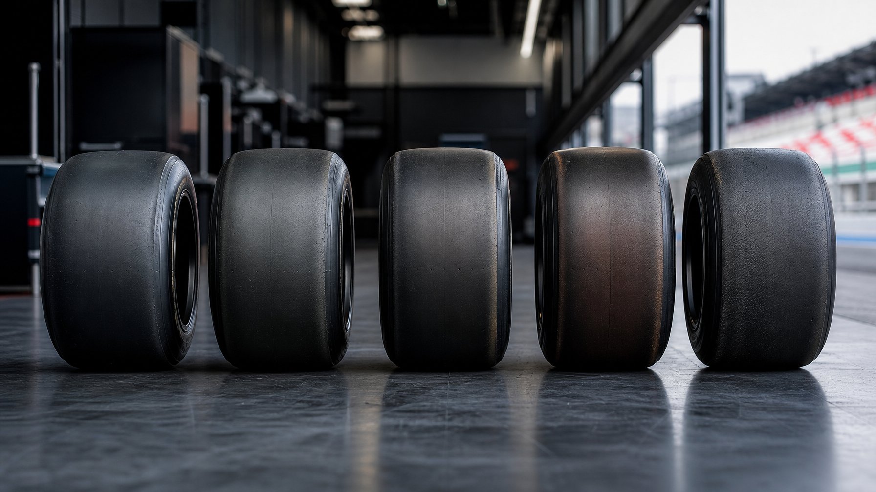 Lima ban balap slick tersusun berurutan di dalam bengkel motorsport.