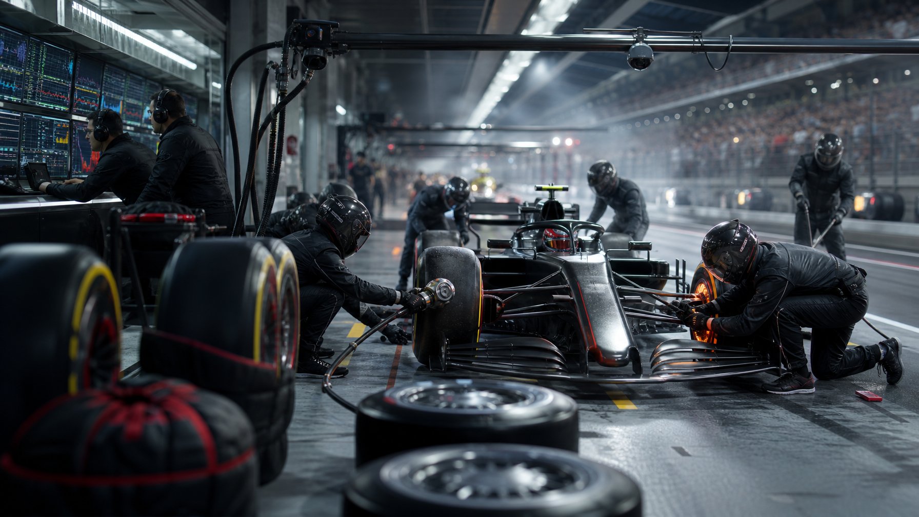 Kru pit Formula 1 mengganti ban slick pada mobil balap sambil memantau data strategi di pit lane.