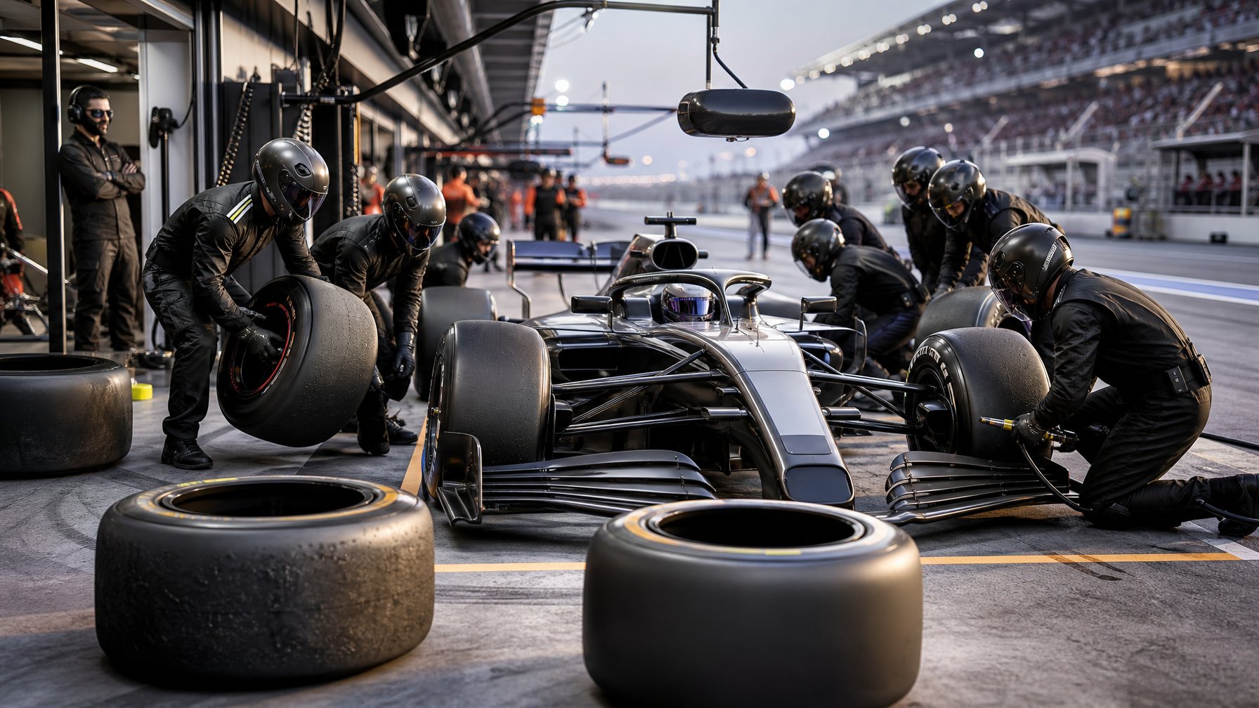 Kru pit Formula 1 mengganti ban slick pada mobil balap di area pit lane.