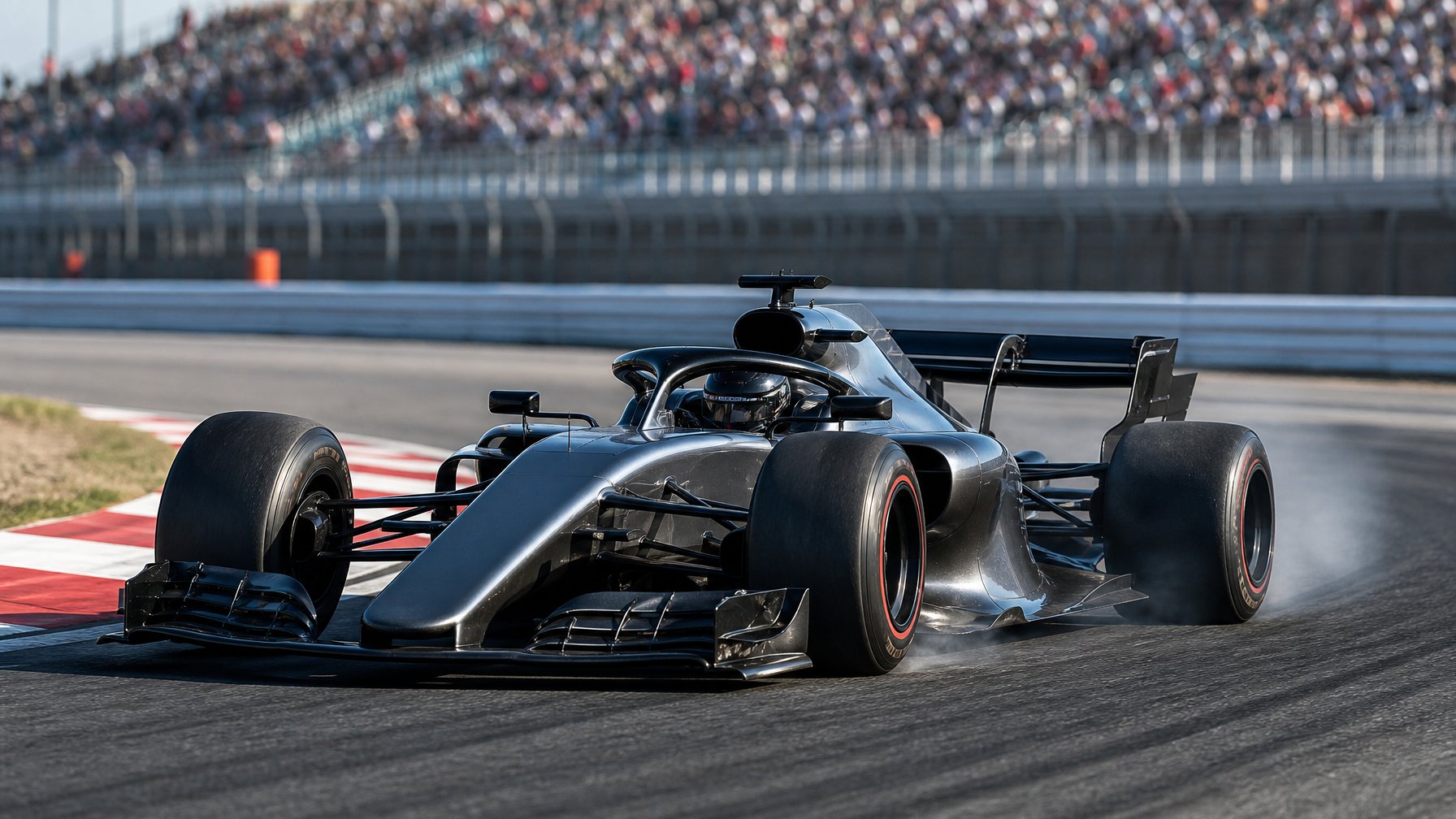 Mobil balap Formula 1 ringan melaju di tikungan sirkuit dengan ban slick yang menunjukkan tanda keausan.