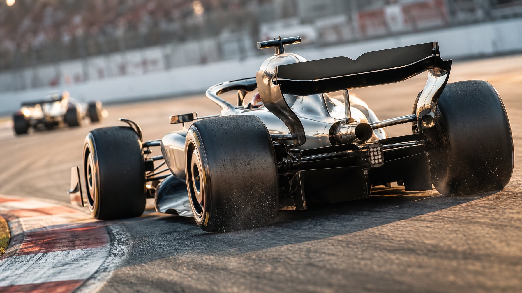 Mobil balap Formula 1 melaju di tikungan sirkuit dengan ban slick belakang yang menunjukkan tanda-tanda panas dan keausan.