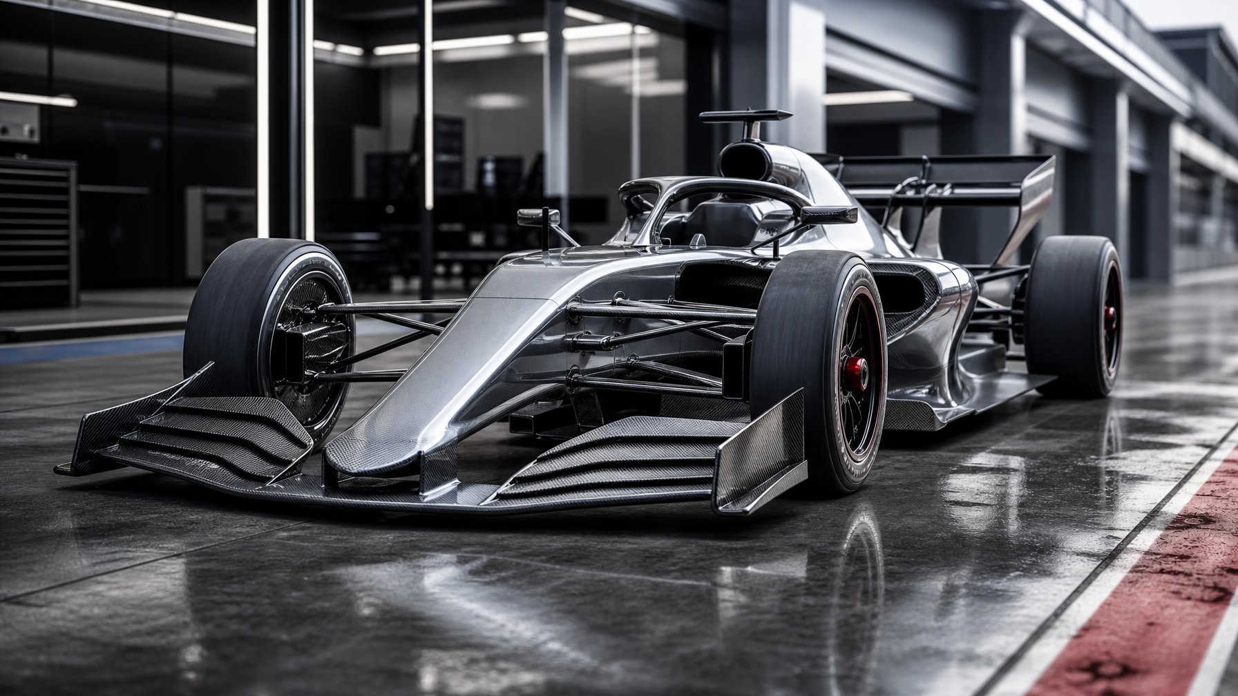 Mobil balap Formula 1 futuristis dengan ban depan dan belakang yang lebih ramping di area pit.
