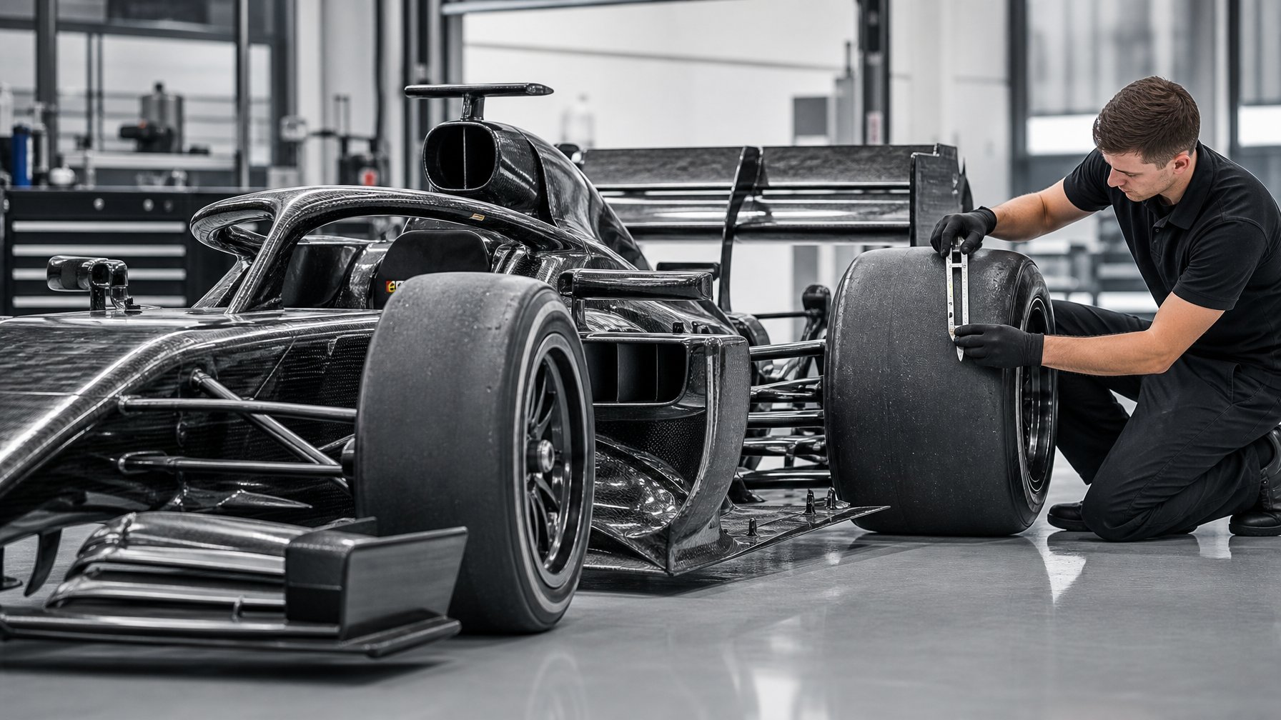 Mobil balap Formula 1 modern dengan ban depan lebih sempit daripada ban belakang di area pit.