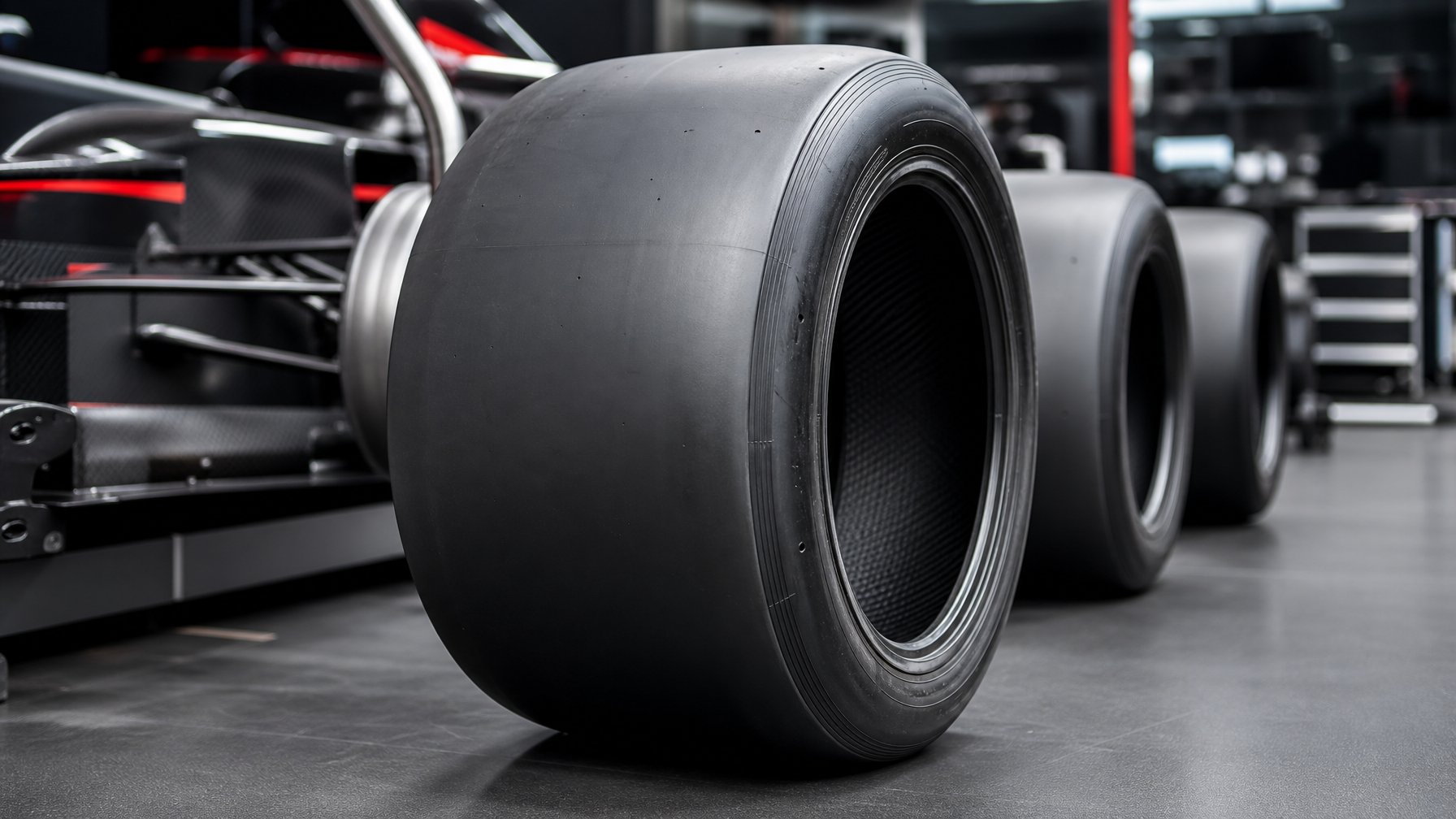 Beberapa ban balap Formula 1 tanpa alur tersusun di dalam garasi modern.