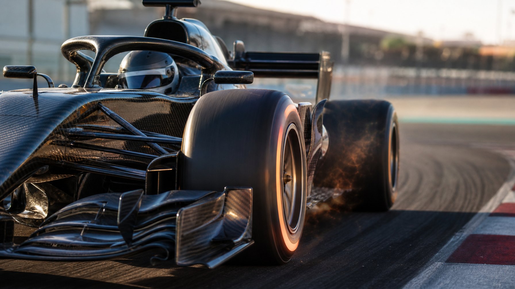 Mobil balap Formula 1 melaju di tikungan sirkuit dengan ban slick yang tampak sangat panas.
