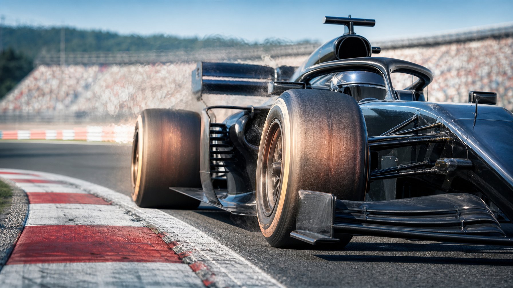 Mobil Formula 1 melaju di tikungan dengan ban slick yang tampak mengalami panas berlebih.