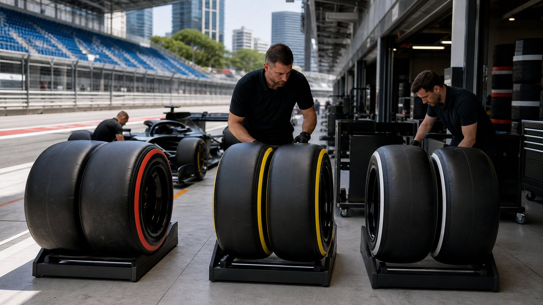 Tiga set ban slick Formula 1 dengan pita merah, kuning, dan putih tersusun di garasi pit sirkuit jalan raya, dengan mobil balap dan mekanik di latar belakang.