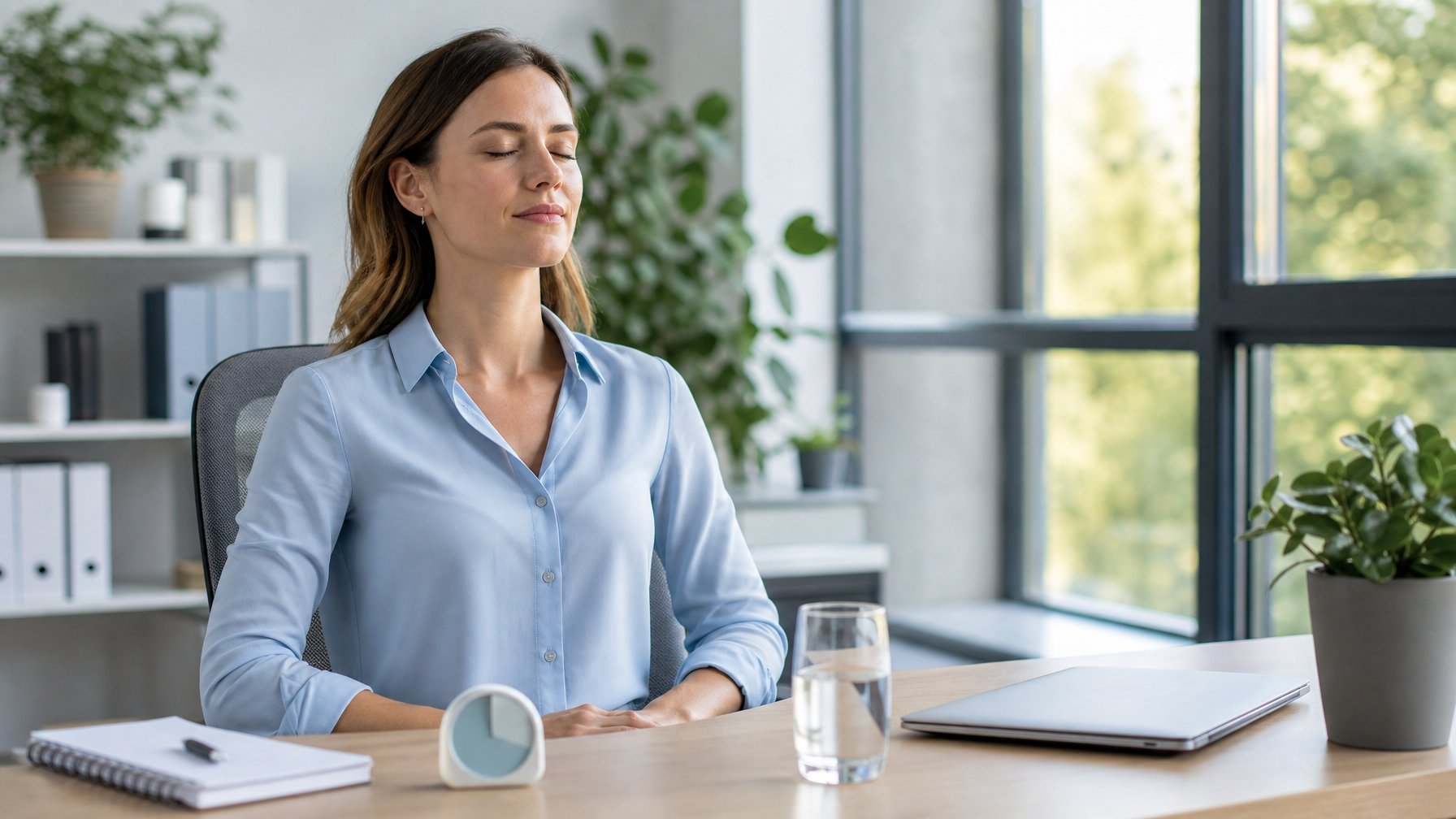 Seorang pekerja duduk tenang di meja kantor dengan mata terpejam saat melakukan meditasi singkat.