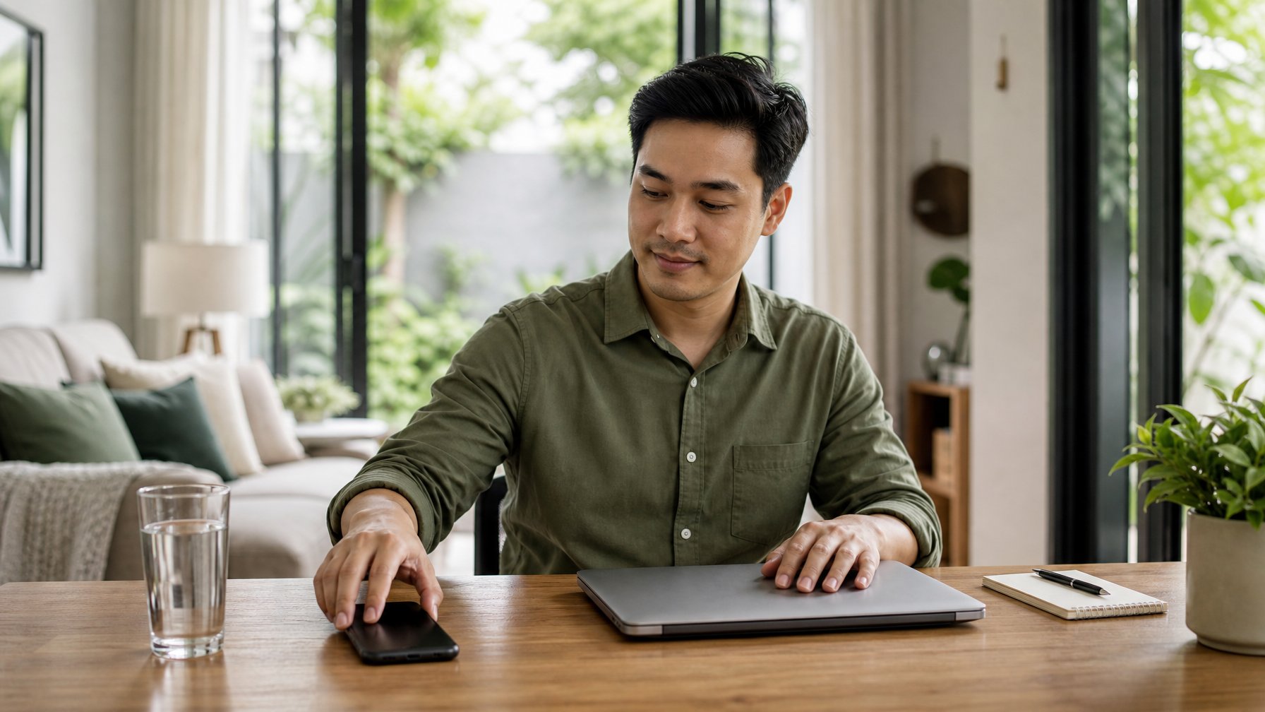 Seorang profesional menutup laptop di ruang kerja rumah untuk memisahkan waktu kerja dan kehidupan pribadi.