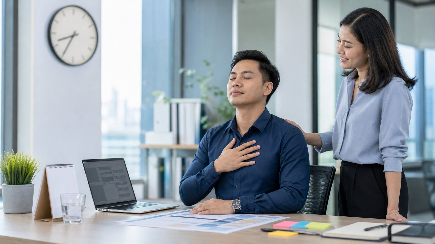 Seorang profesional tetap tenang menyusun prioritas pekerjaan di meja kantor dengan dukungan rekan kerja.