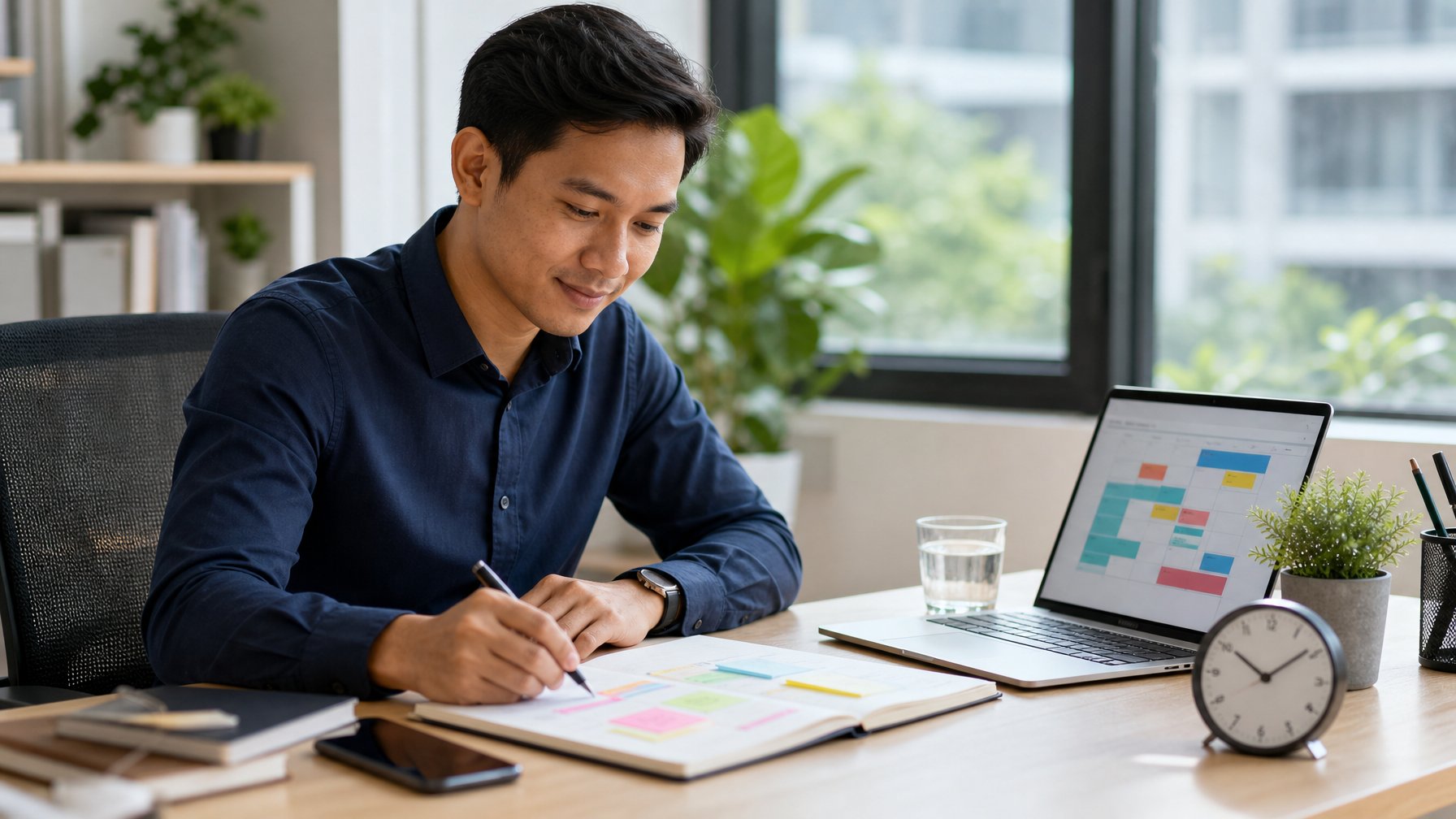 Seorang profesional menata jadwal kerja dalam blok waktu di meja kantor yang rapi dan tenang.