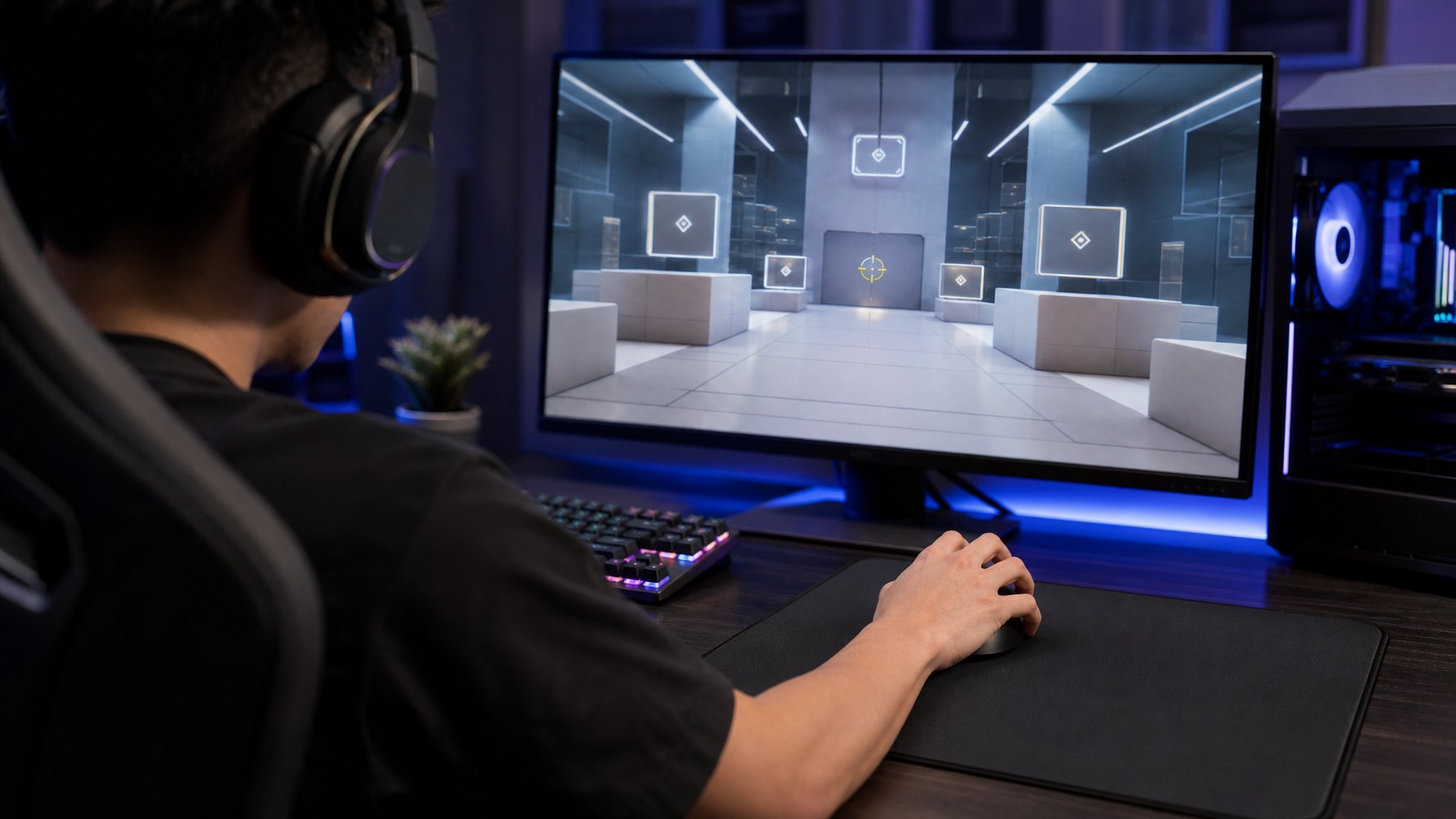 Pemain esports berlatih membidik dengan mouse gaming di depan monitor.