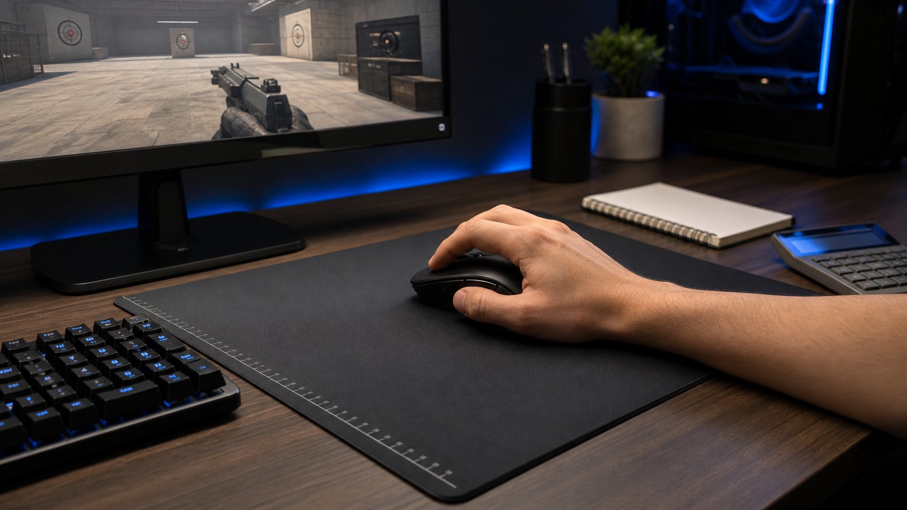 Meja gaming modern dengan mouse presisi di atas mousepad dan monitor yang menampilkan arena latihan menembak.