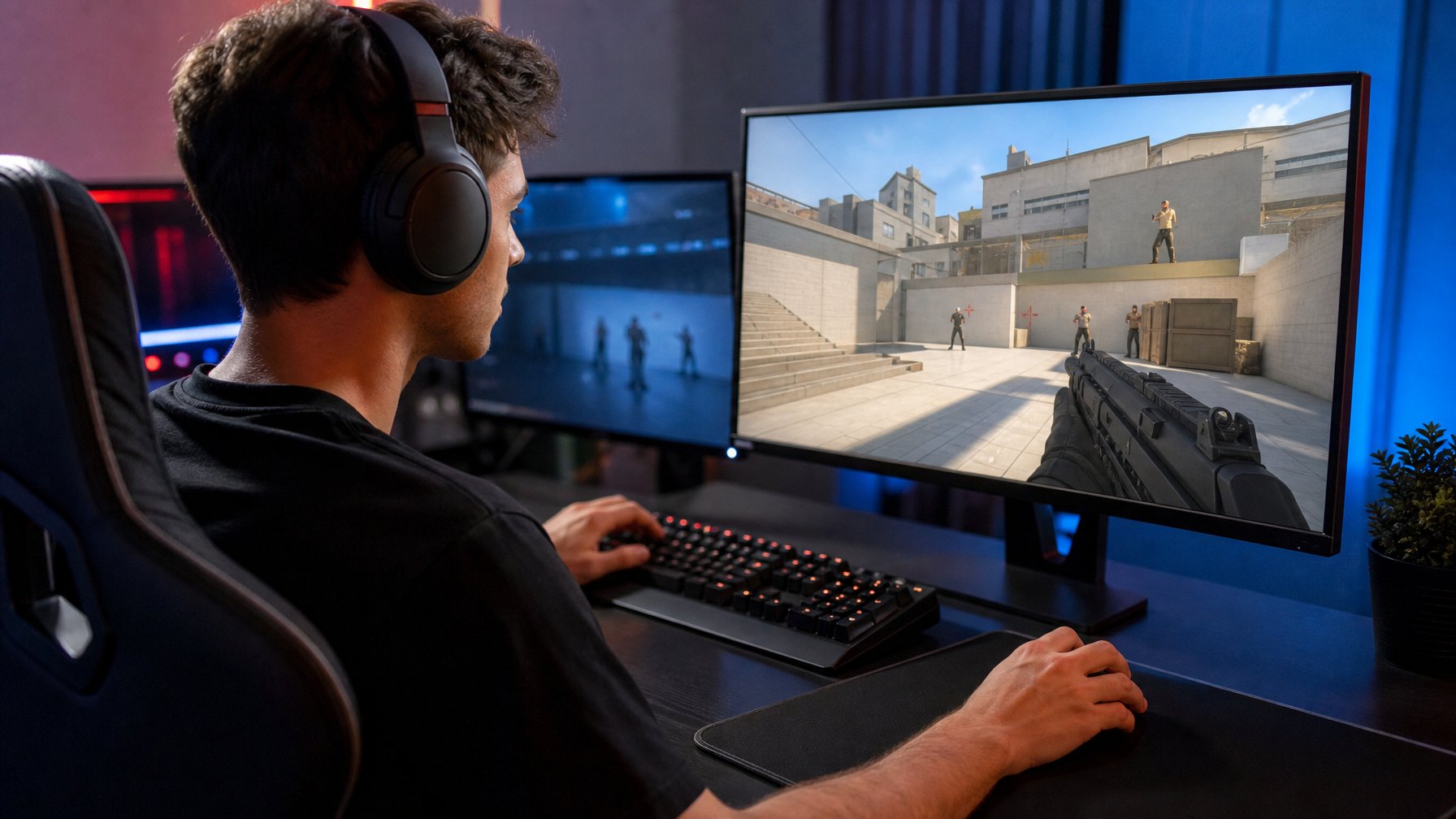 Seorang gamer berlatih membidik dalam permainan tembak-menembak kompetitif di depan komputer.