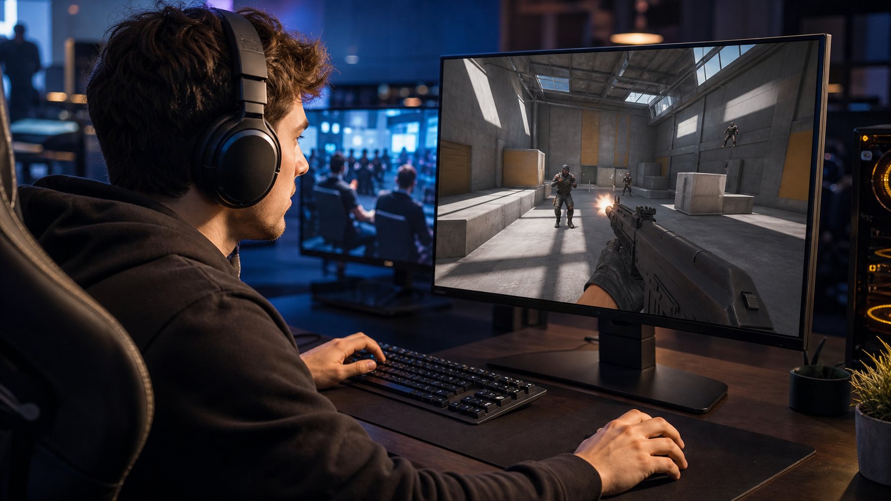 Pemain sedang berlatih membidik dalam pertandingan deathmatch di depan komputer.