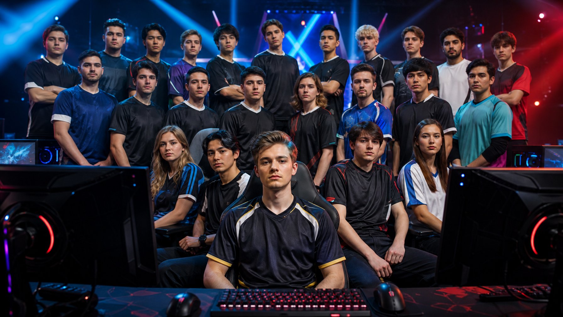 Sekelompok pemain esports profesional berkumpul di panggung turnamen dengan komputer gaming dan pencahayaan warna-warni.