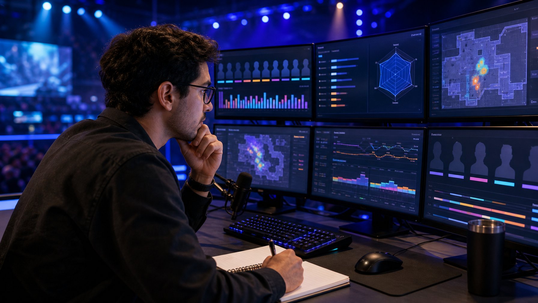 Seorang analis esports meninjau data performa pemain di studio analisis modern dengan beberapa layar visualisasi.