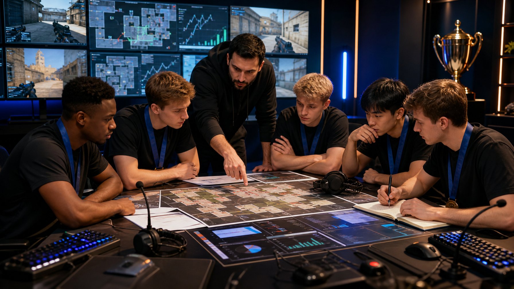Tim esports profesional berdiskusi dan menganalisis strategi di depan beberapa monitor dalam arena pertandingan.