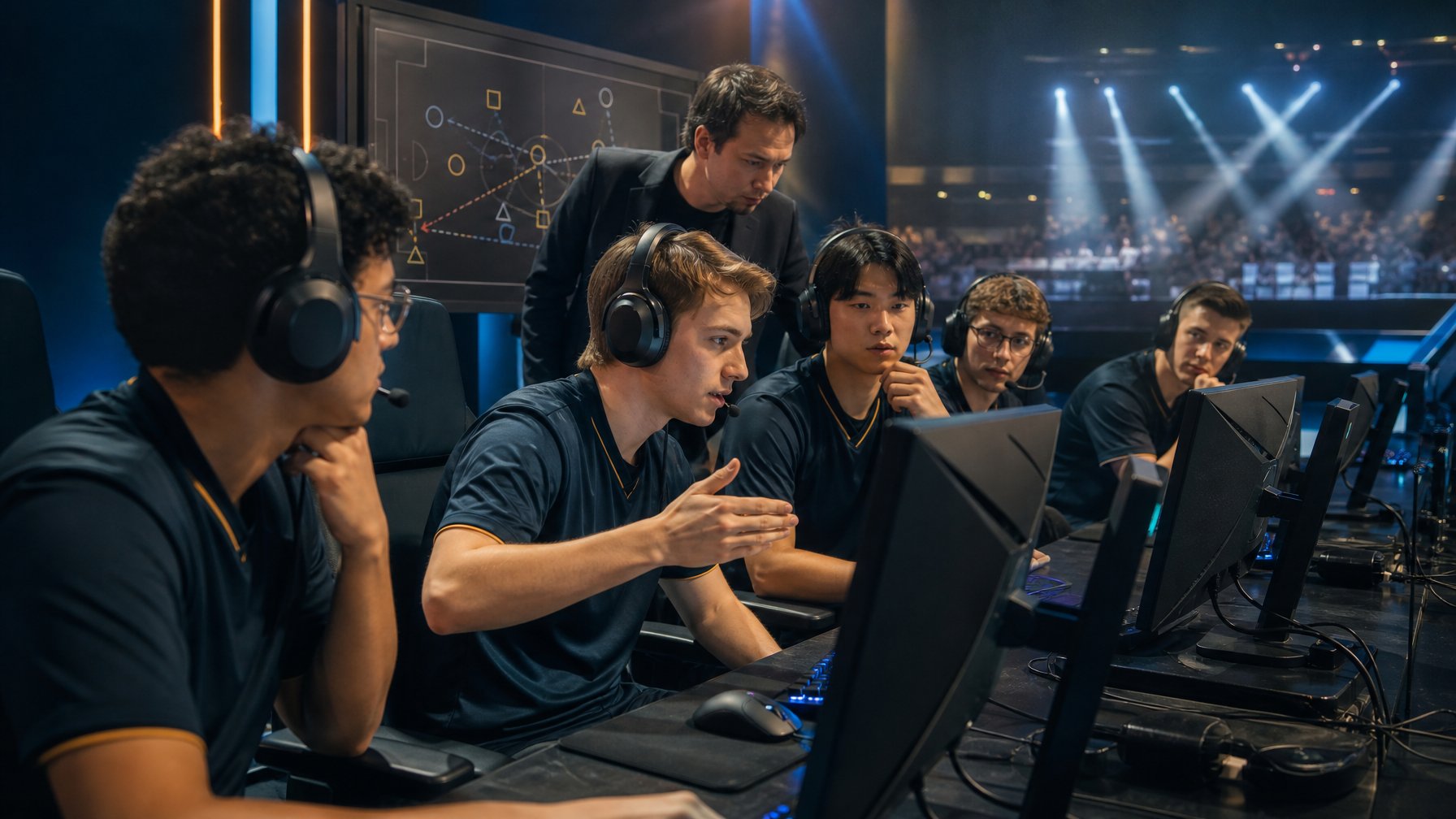 Lima pemain esports bekerja sama secara serius di panggung turnamen dengan perlengkapan gaming profesional.