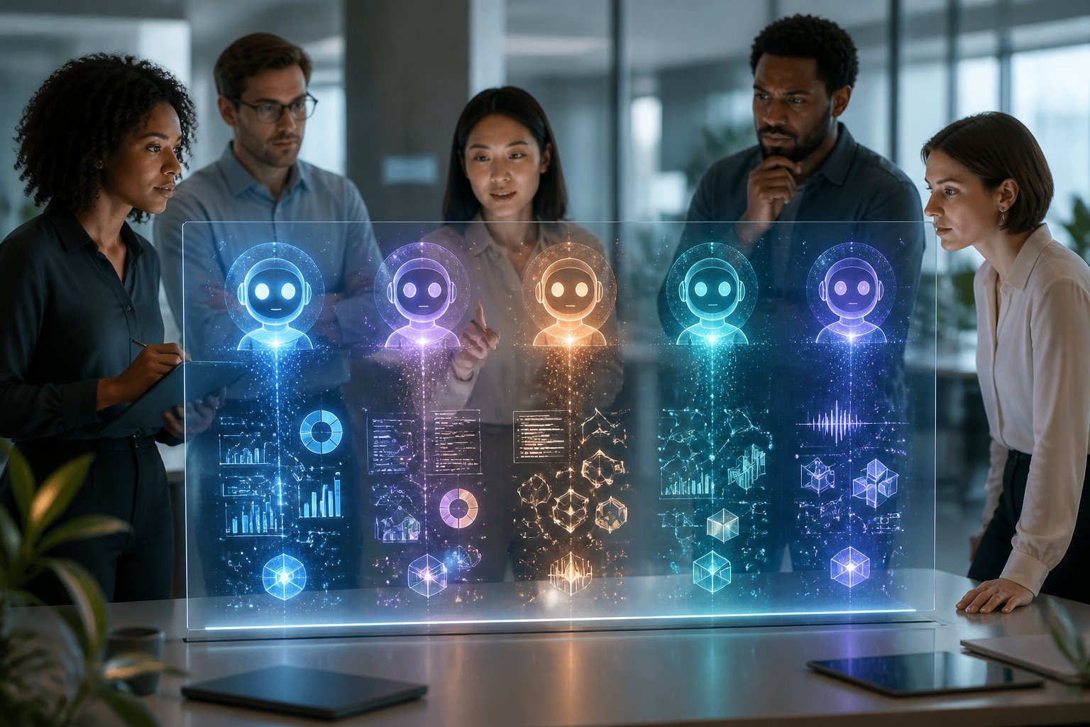 Professionals compare several abstract artificial intelligence assistants on a glowing digital display in a modern office.