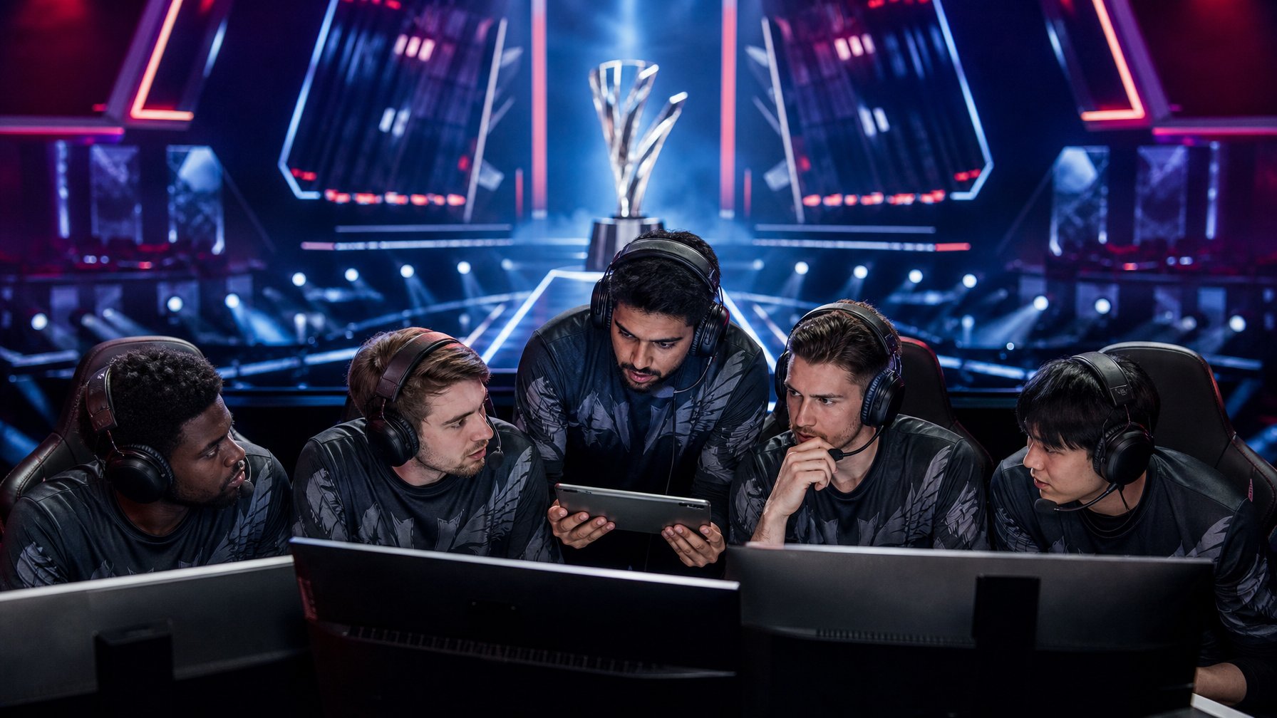 Lima pemain esports bekerja sama di panggung turnamen dengan monitor dan trofi kejuaraan di latar belakang.