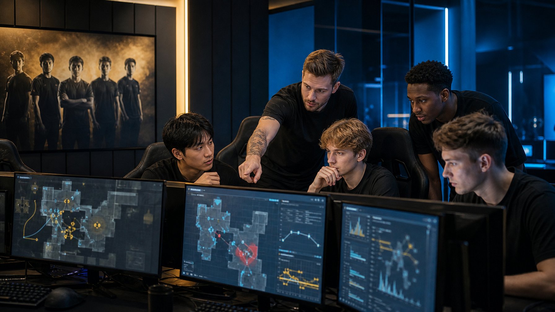 Lima pemain esports berdiskusi serius di ruang latihan modern sambil meninjau strategi di beberapa monitor.
