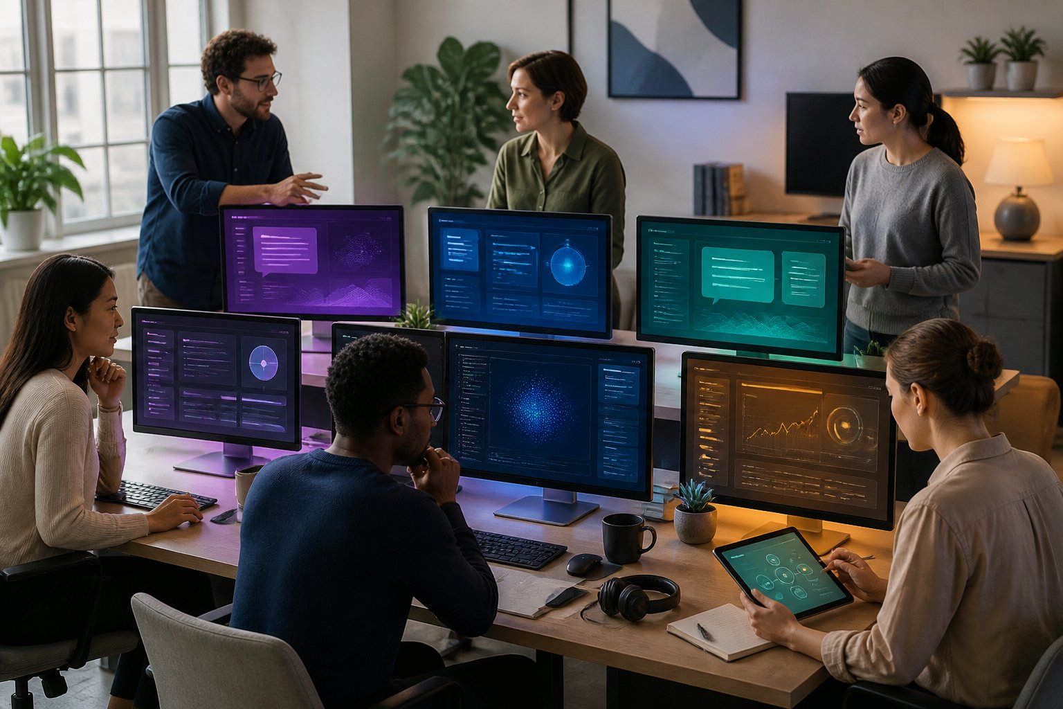 Professionals collaborate in a modern office while using multiple devices for writing, research, coding, and data analysis.