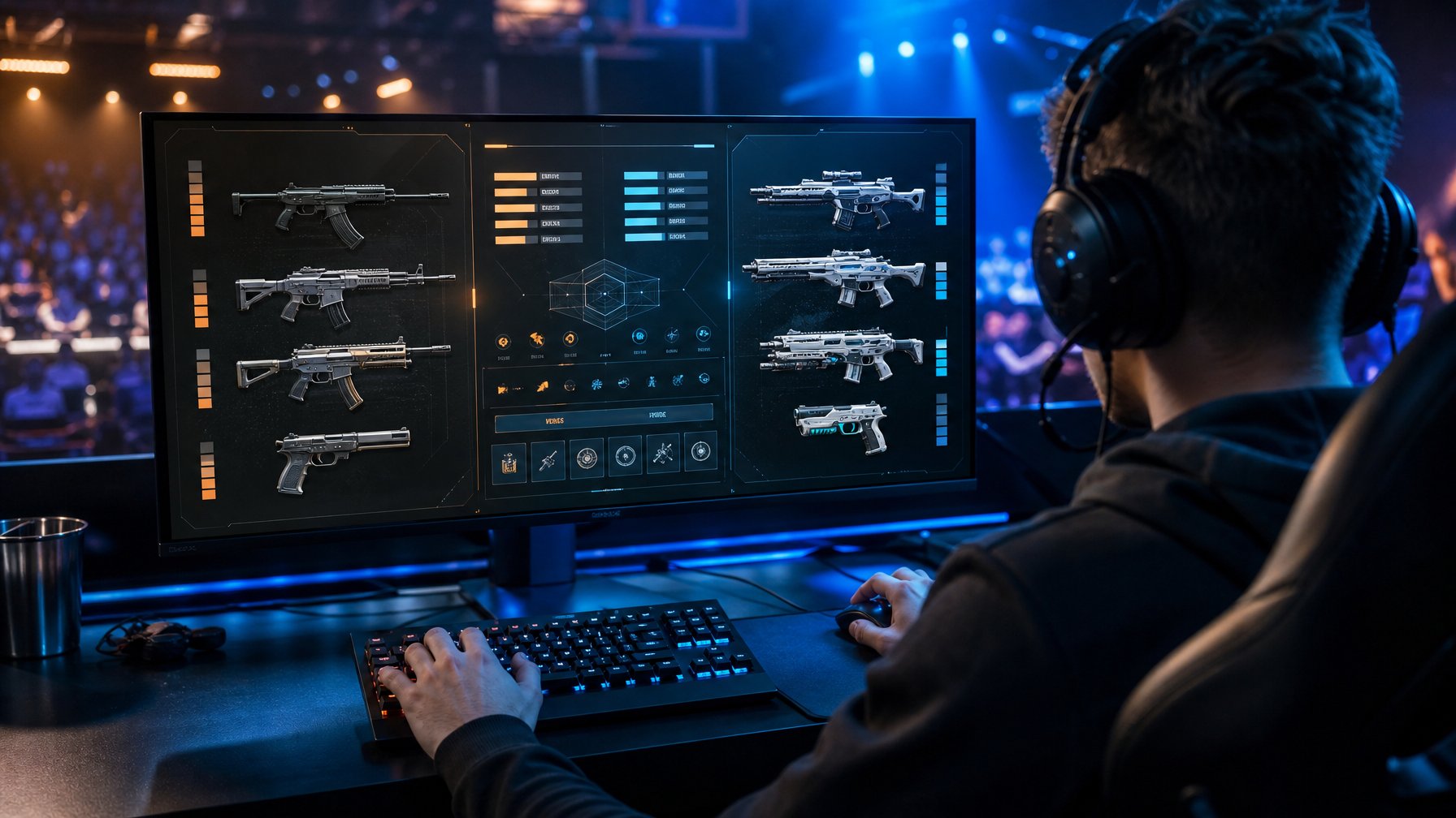 Pemain esports mengamati perubahan senjata dalam permainan taktis melalui monitor komputer.