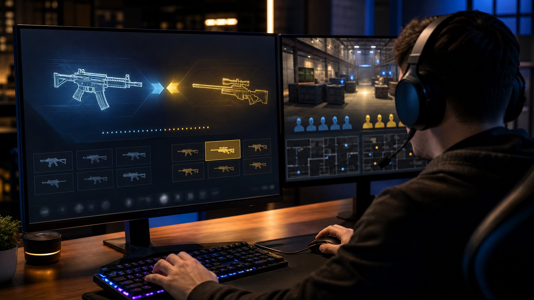 Pemain menggunakan komputer gaming dengan layar yang menampilkan pilihan senjata dalam pertandingan taktis.