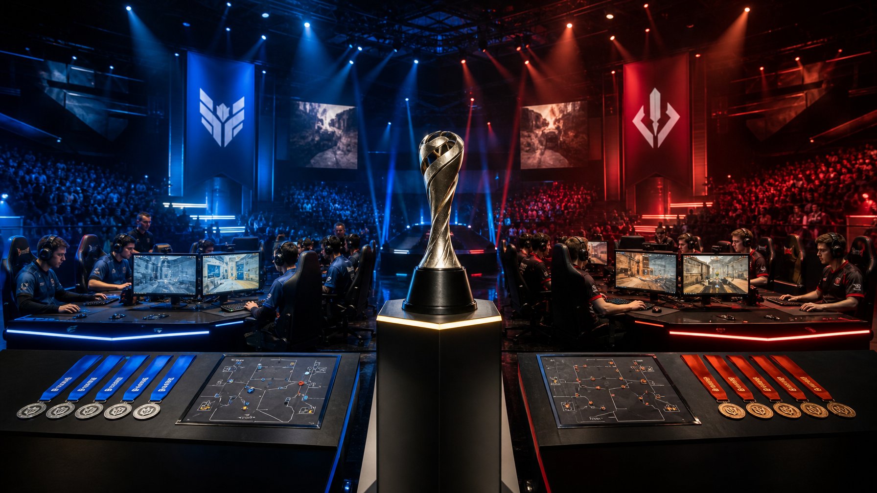 Suasana arena esports dengan pemain, trofi juara, dan penonton setelah pertandingan turnamen.