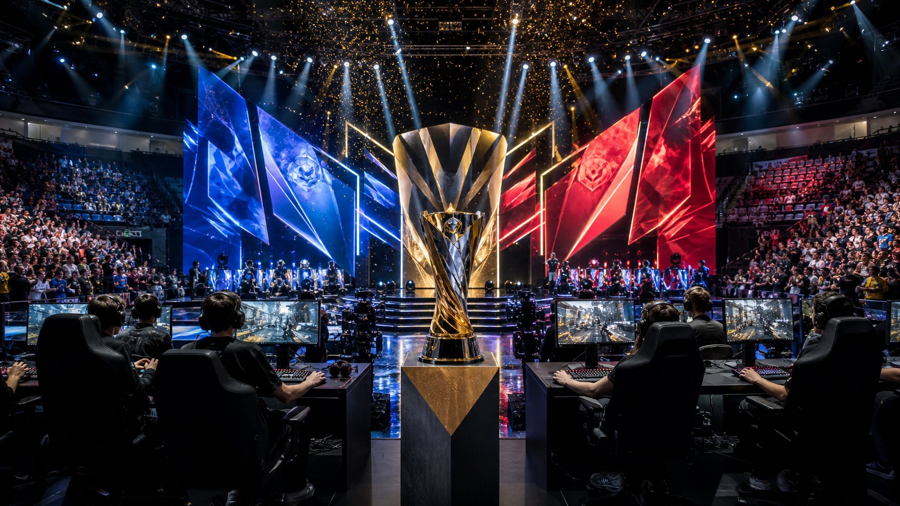 Panggung arena esports dengan trofi kejuaraan, pemain di komputer, dan penonton setelah pertandingan.
