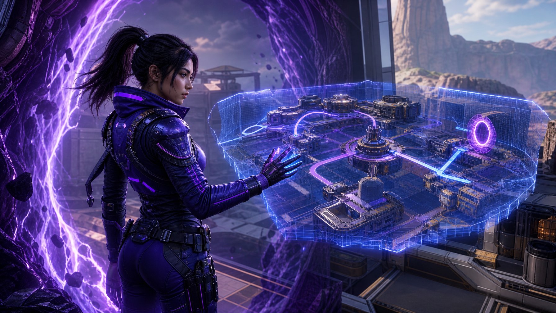 Karakter futuristik mempelajari peta holografis di dalam portal bercahaya ungu pada arena kota futuristik.