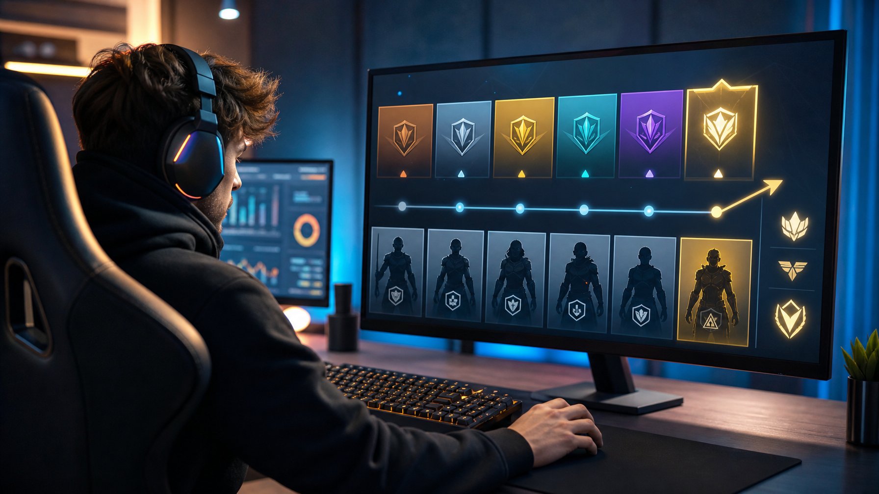 Pemain esports mempelajari tampilan visual peringkat karakter pada monitor di meja gaming.