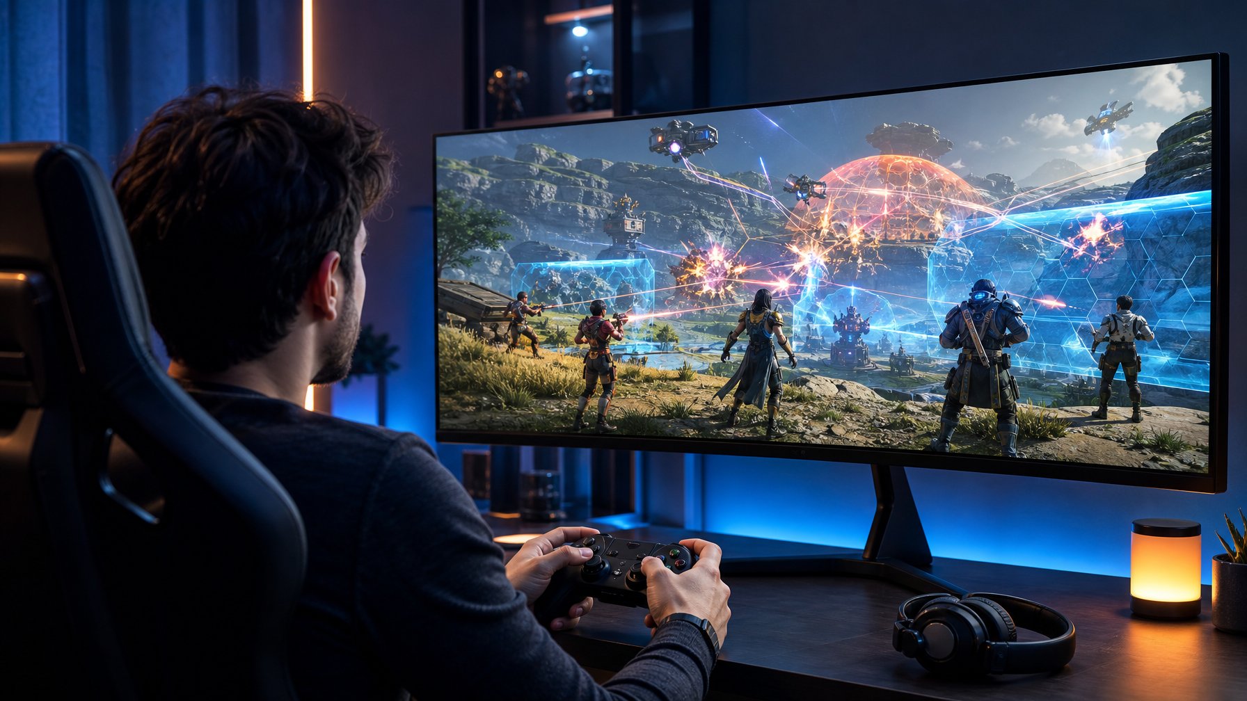 Pemain esports menggunakan controller sambil menyusun strategi pertahanan dalam arena futuristik di layar monitor.