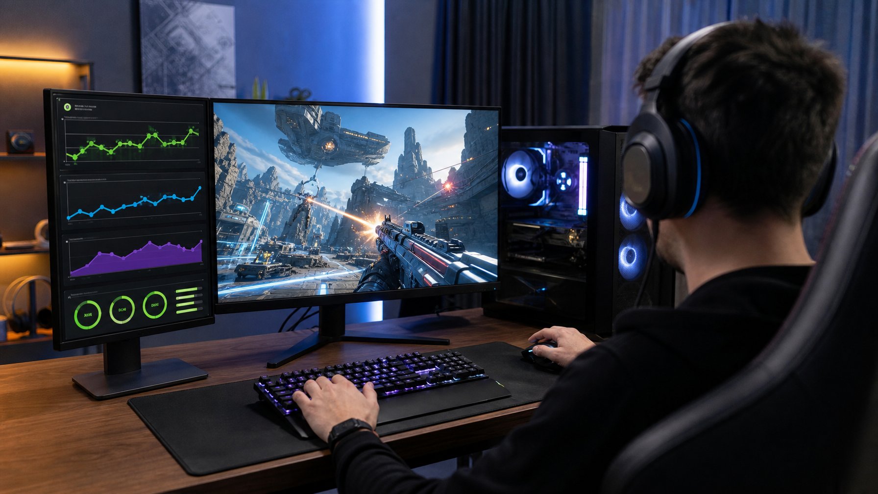Seorang gamer mengoptimalkan kinerja PC gaming dengan dua monitor dan indikator performa.