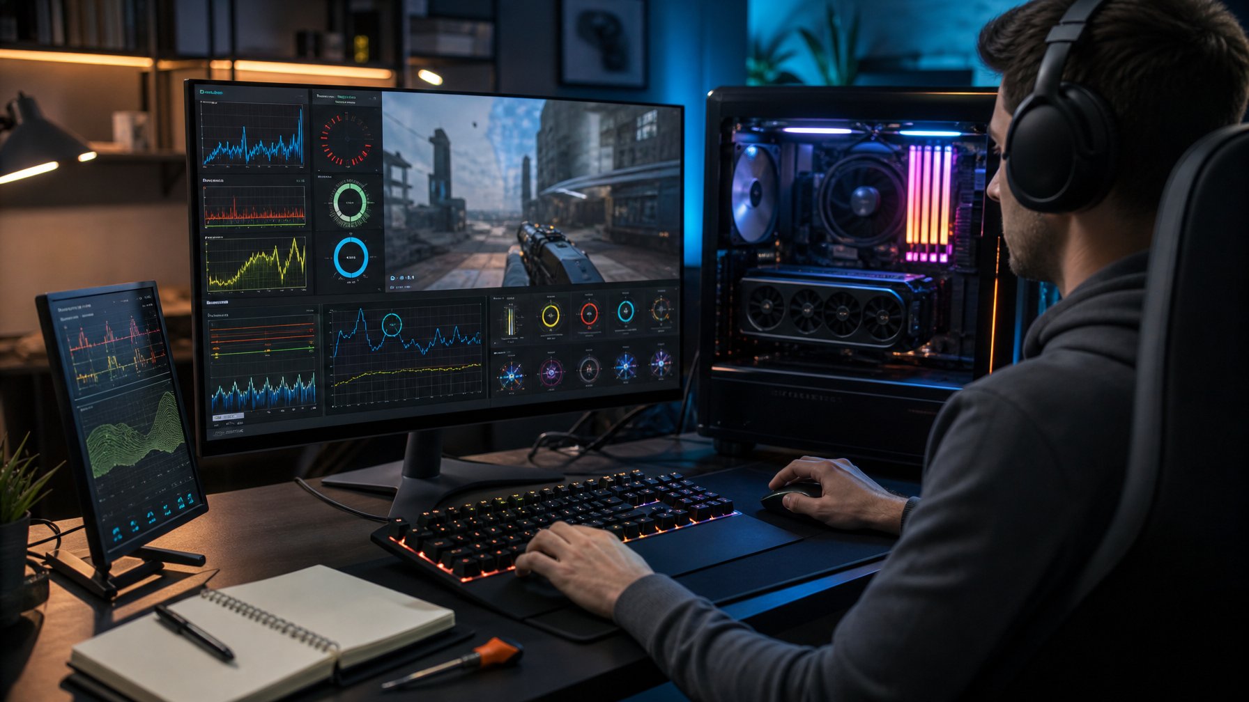 Seorang gamer memeriksa grafik performa komputer pada meja gaming untuk mencari penyebab lag.