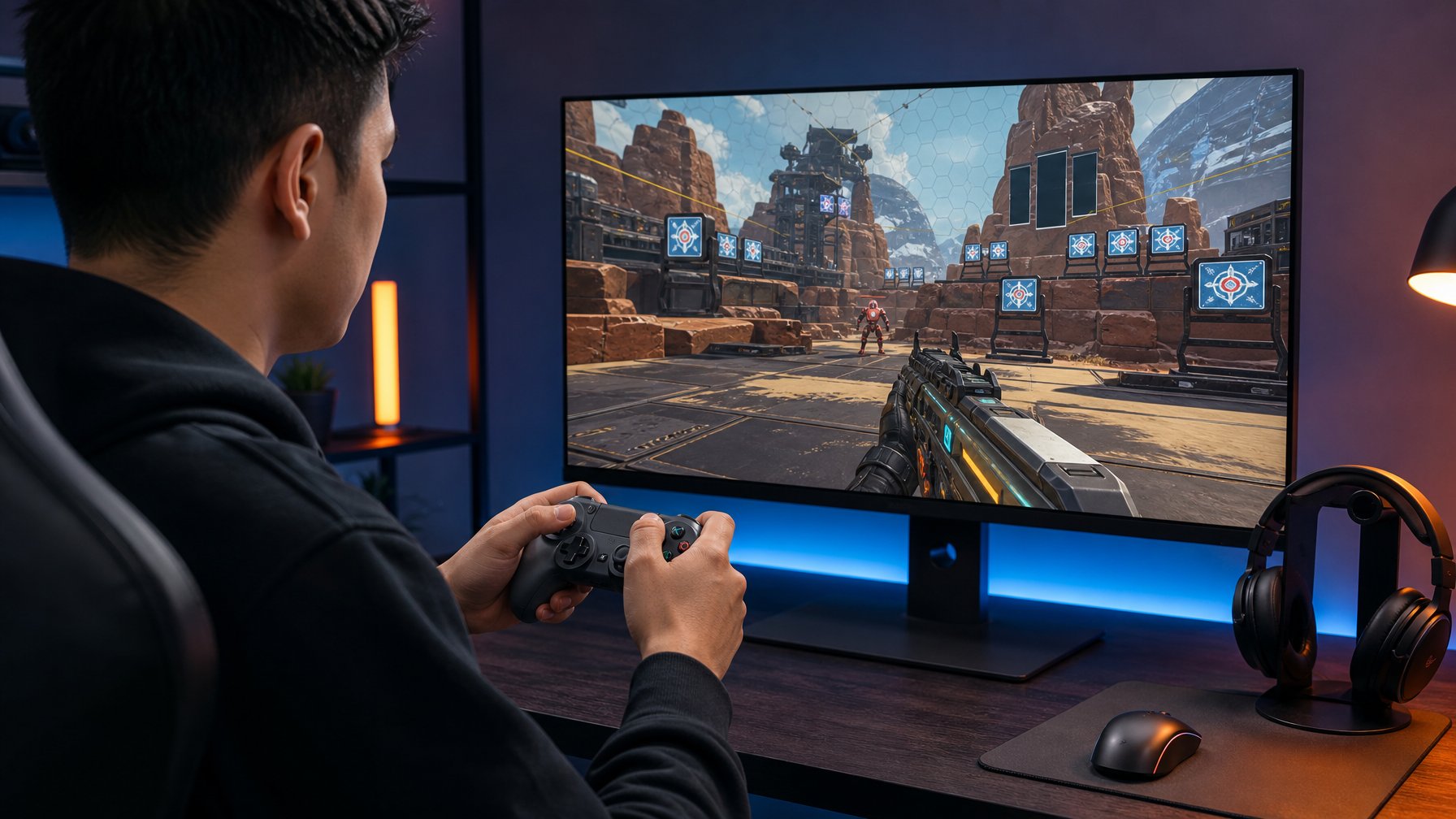 Gamer menggunakan controller di depan monitor yang menampilkan arena latihan tembak futuristis.