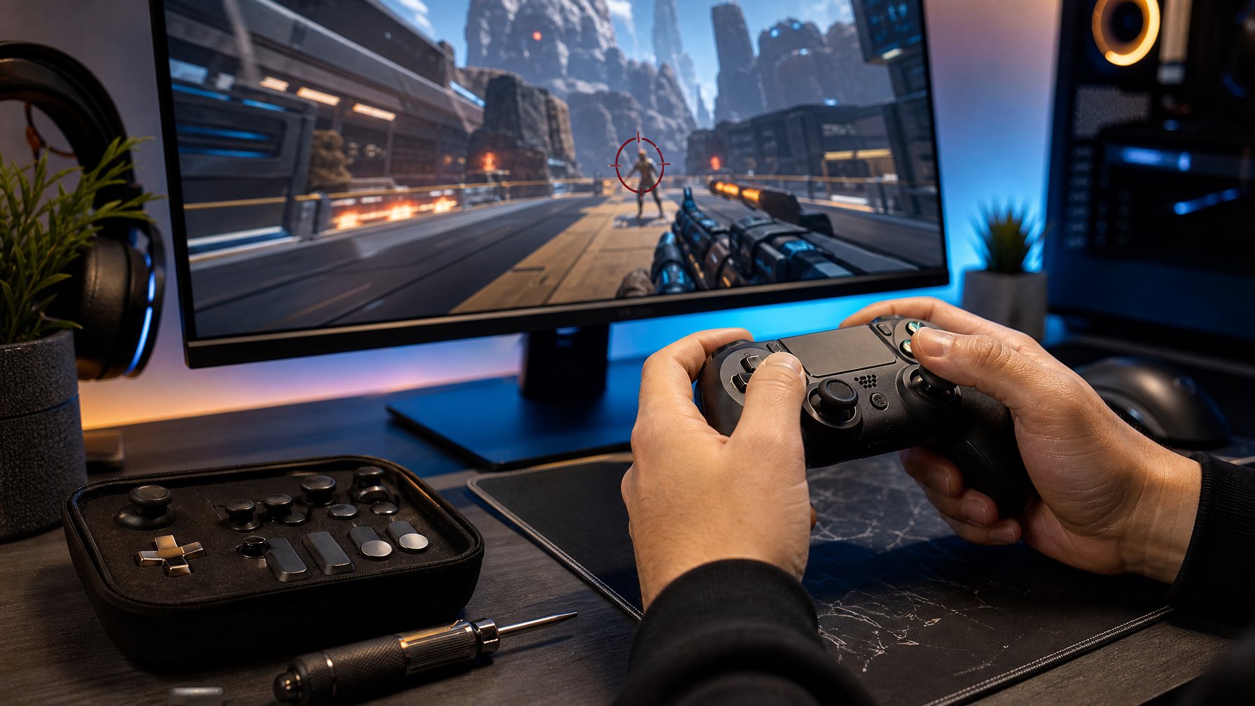 Tangan memegang controller di depan monitor yang menampilkan permainan tembak-menembak futuristis.