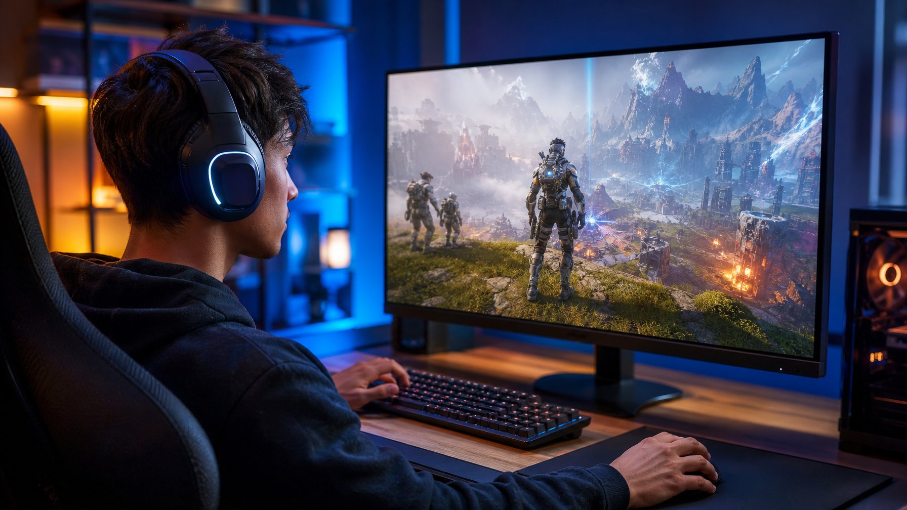 Pemain esports fokus bermain di depan komputer dengan tampilan arena futuristik dan rekan satu tim di layar.