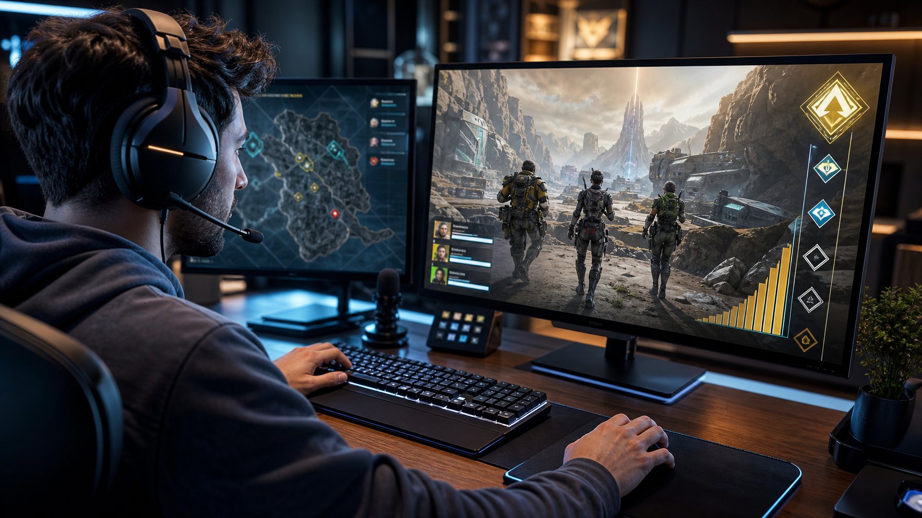 Pemain esports fokus memimpin strategi permainan ranked dari dalam ruang gaming modern.