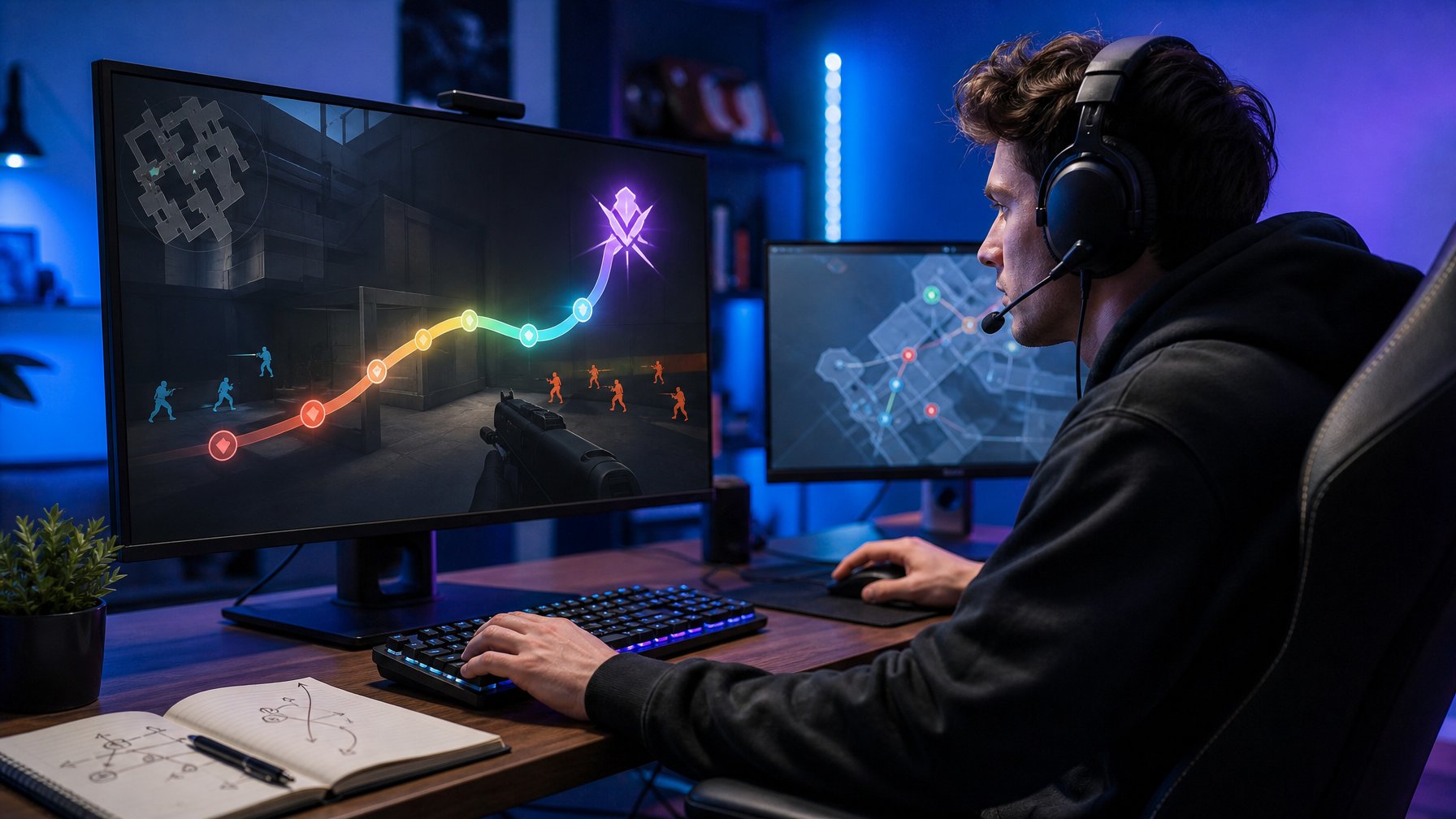 Seorang pemain duduk serius di depan komputer gaming dengan tampilan permainan taktis dan simbol kemajuan.