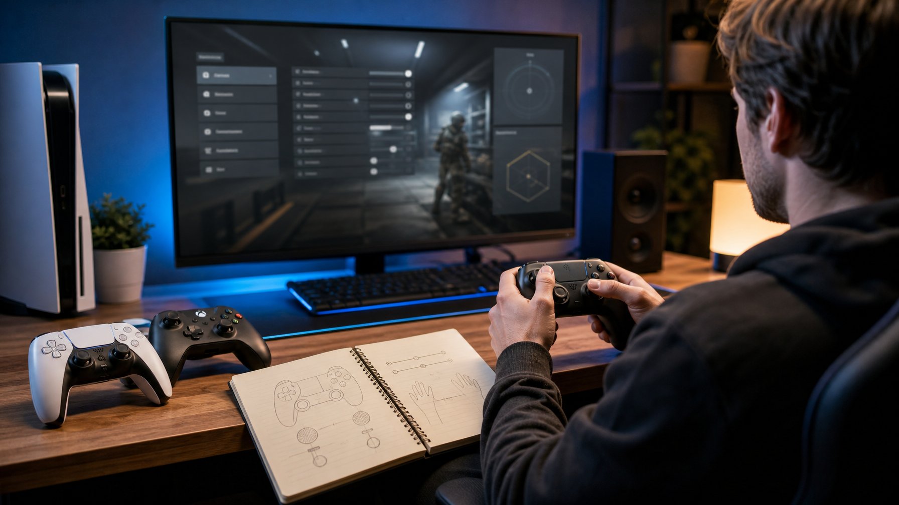 Seorang pemain mengatur dua kontroler konsol di meja gaming dengan layar monitor di depannya.